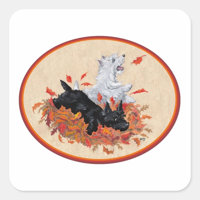 Scottie & Westie Fallen Blätter Quadratischer Aufkleber (Vorderseite)