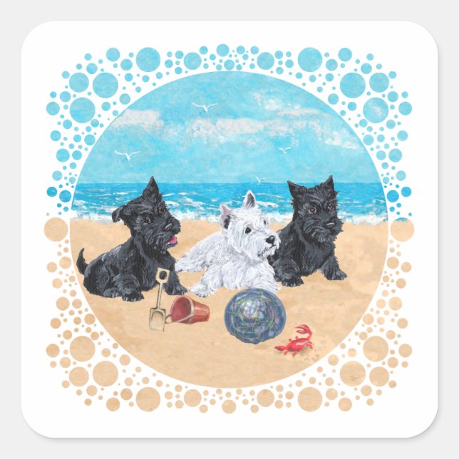 Scottie & Westie Pups am Strand Quadratischer Aufkleber (Vorderseite)