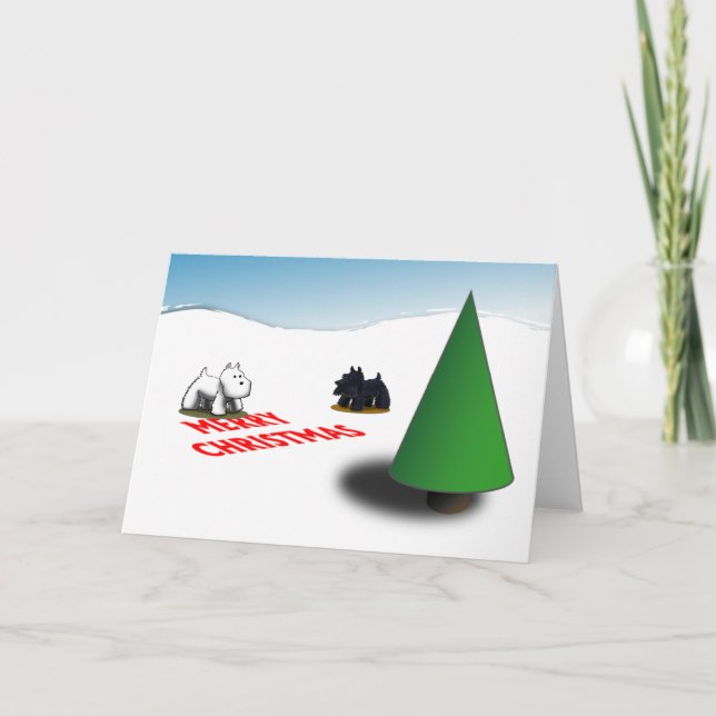 Scottie/Westie Tannenbaum Feiertagskarte (Vorderseite)