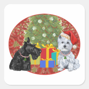 Scottie & Westie Weihnachten Quadratischer Aufkleber