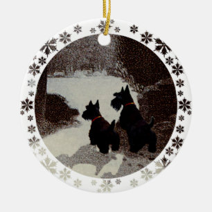 Scotties in surrealer Winternacht Keramik Ornament