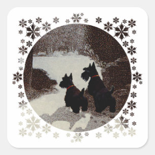 Scotties in surrealer Winternacht Quadratischer Aufkleber