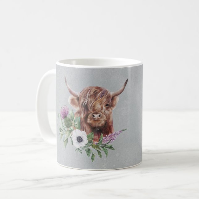 Scottish Brown Highland Cow Floral Personalisiert Kaffeetasse (Vorderseite Links)