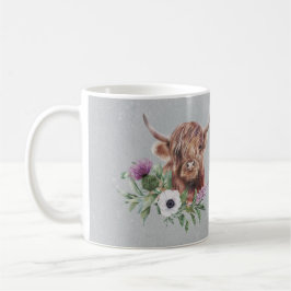 Scottish Brown Highland Cow Floral Personalisiert Kaffeetasse