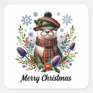 Scottish Christmas Otter Christmas mit Thistle Quadratischer Aufkleber