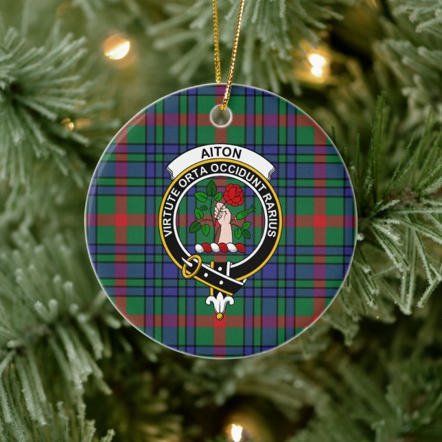 Scottish Clan Aiton Ancient Tartan und Wappen Keramik Ornament (Baum)