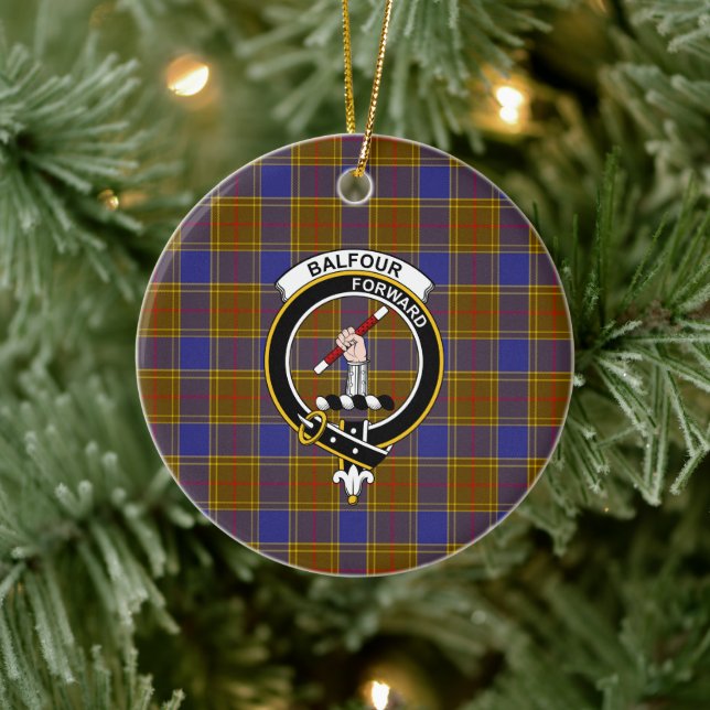 Scottish Clan Balfour Modern Tartan und Wappen Keramik Ornament (Baum)