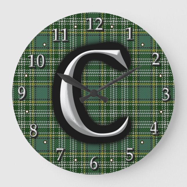 Scottish Clan Currie Letter C Monogram Tartan Große Wanduhr (Vorderseite)