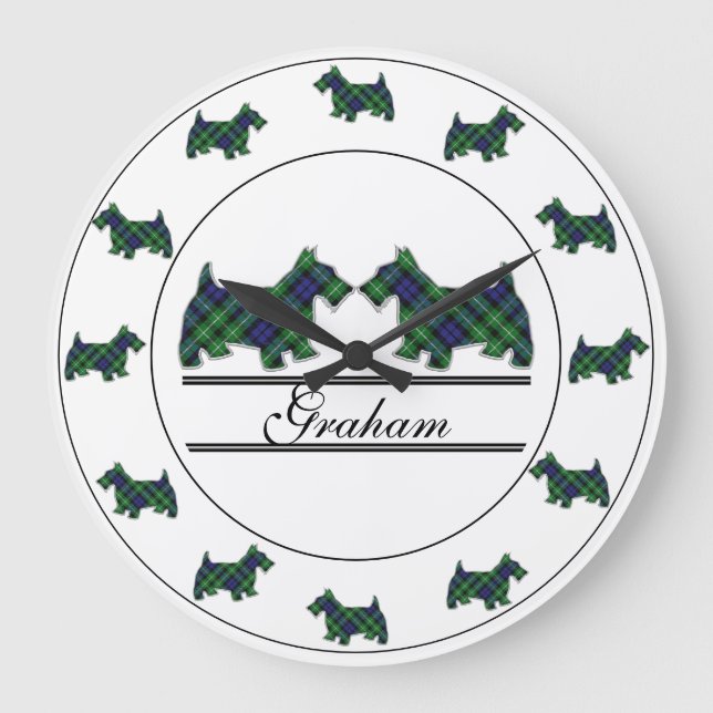 Scottish Clan Graham Tartan Kariert Scottie Dogs Große Wanduhr (Vorderseite)