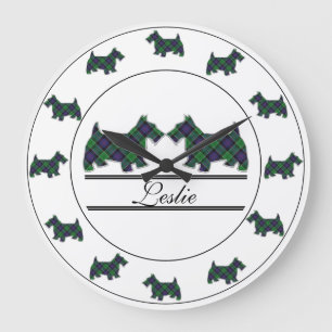 Scottish Clan Leslie Hunting Tartan Scottie Dogs Große Wanduhr