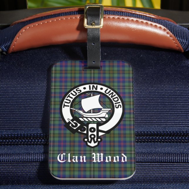 Scottish Clan Wood Wappen & Tartan Gepäckanhänger (Vorderseite Insitu 2)