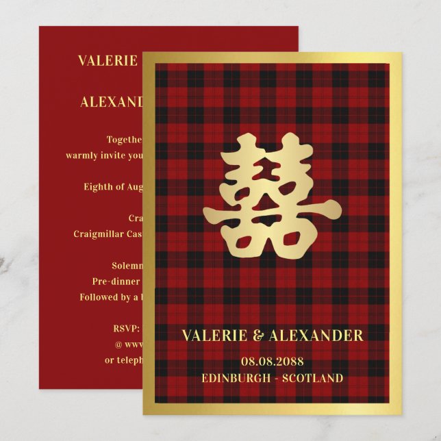 Scottish Double Happiness Chinese Wedding Einladung (Vorne/Hinten)