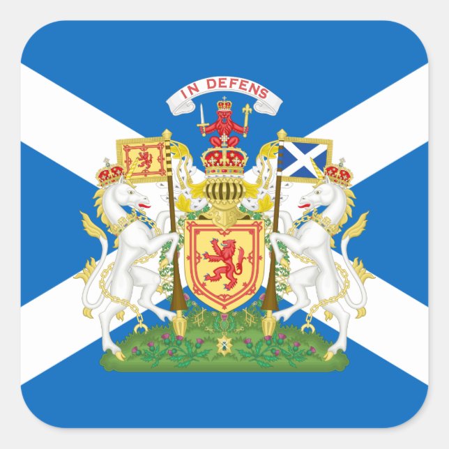 Scottish Flag & Royal Coat of Arms, Schottland Quadratischer Aufkleber (Vorderseite)