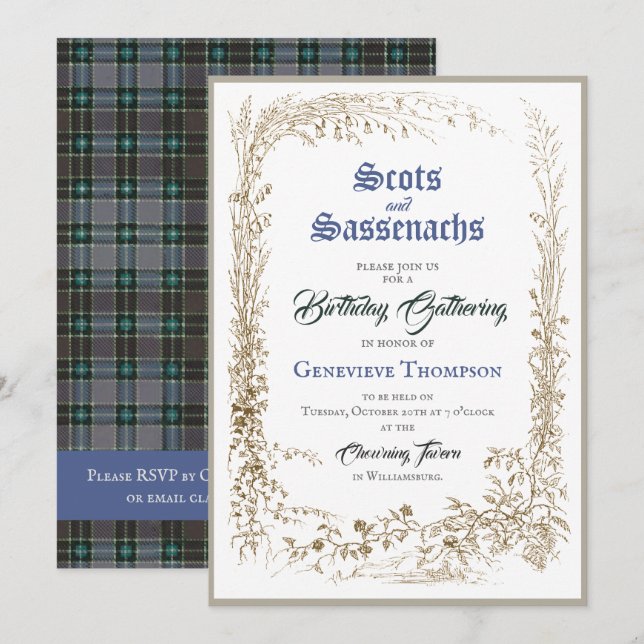 Scottish Flora Sassenach Blue Birthday Invitation (Devant / Derrière)
