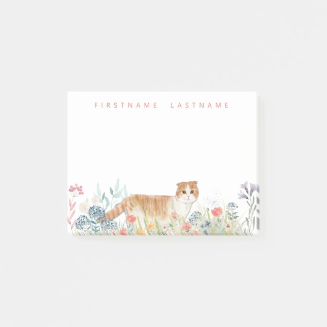 Scottish Fold Cat | Monogramm Floral Post-it Klebezettel (Vorderseite)