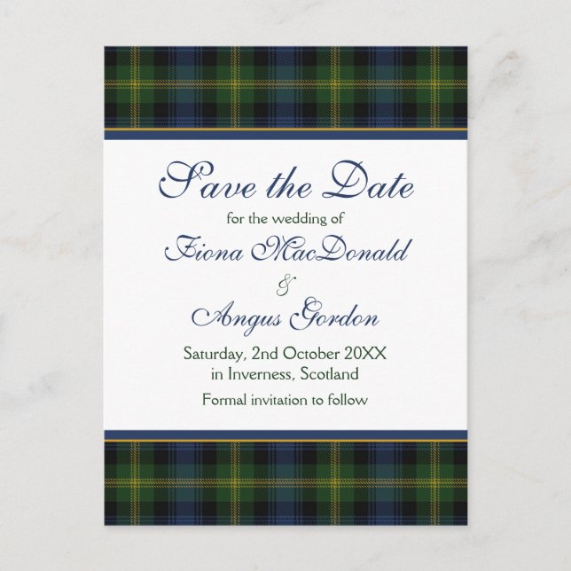 Scottish Gordon Tartan Wedding Save the Date Ankündigungspostkarte (Vorderseite)