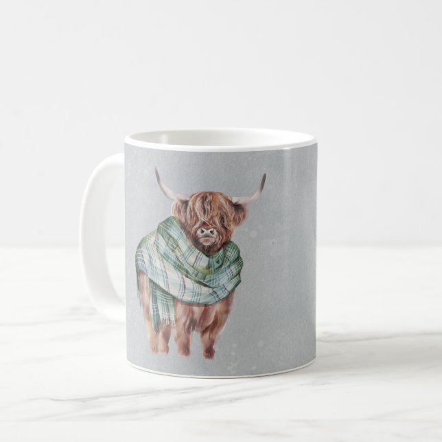 Scottish Green Tartan Highland Cow Personalisiert Kaffeetasse (Vorderseite Links)