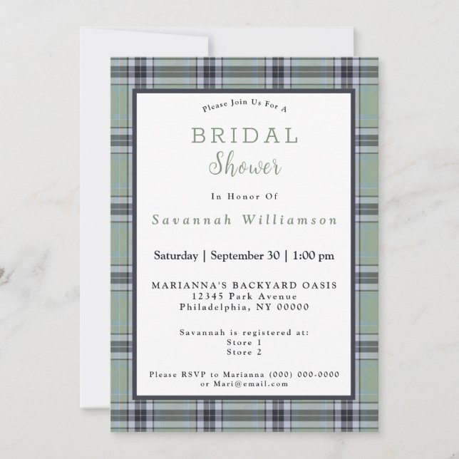 Scottish Green Tartan Watercolor Brautparty Einladung (Vorderseite)