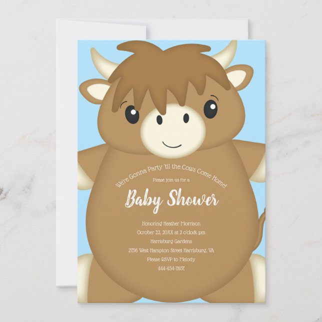 Scottish Highland Cow Baby Shower Blue Einladung (Vorderseite)