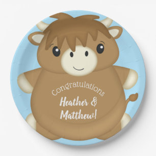 Scottish Highland Cow Baby Shower Blue Pappteller