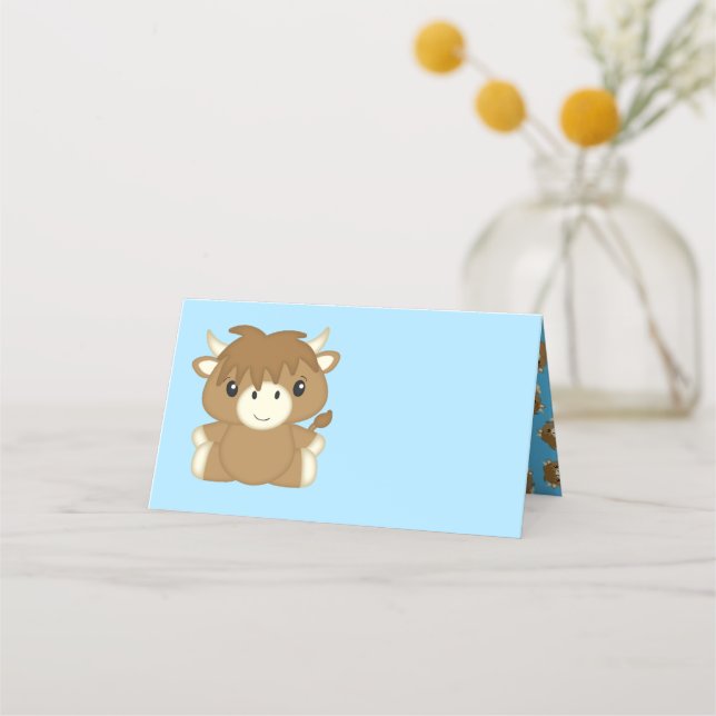 Scottish Highland Cow Baby Shower Blue Platzkarte (Vorderseite)