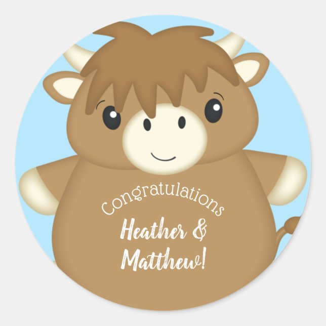 Scottish Highland Cow Baby Shower Blue Runder Aufkleber (Vorderseite)