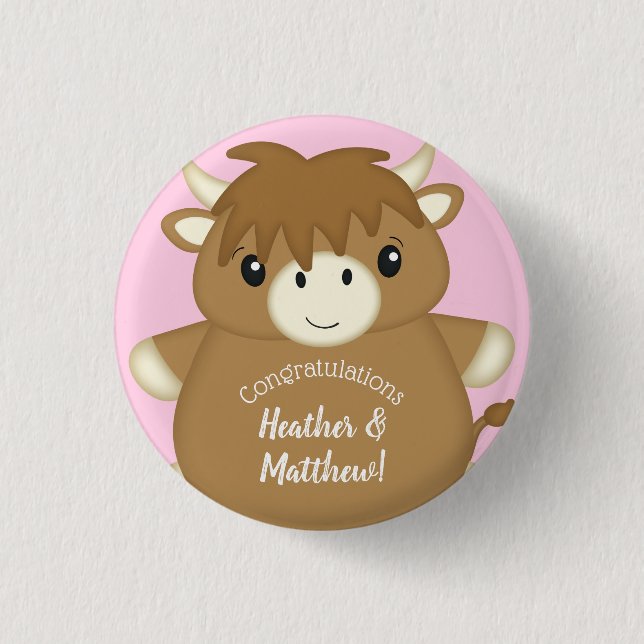 Scottish Highland Cow Baby Shower Pink Button (Vorderseite)