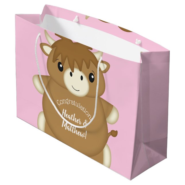 Scottish Highland Cow Baby Shower Pink Große Geschenktüte (Rückseite Schrägansicht)