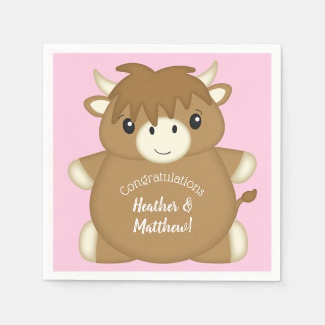 Scottish Highland Cow Baby Shower Pink Serviette (Vorderseite)