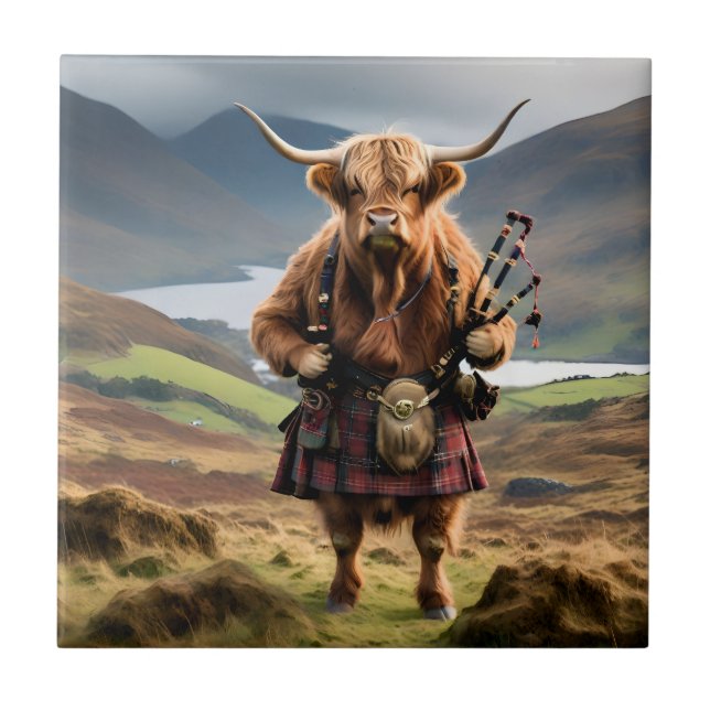 Scottish Highland Cow Bagpiper,  Fliese (Vorderseite)