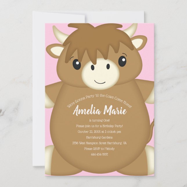 Scottish Highland Cow Birthday Party Pink Einladung (Vorderseite)