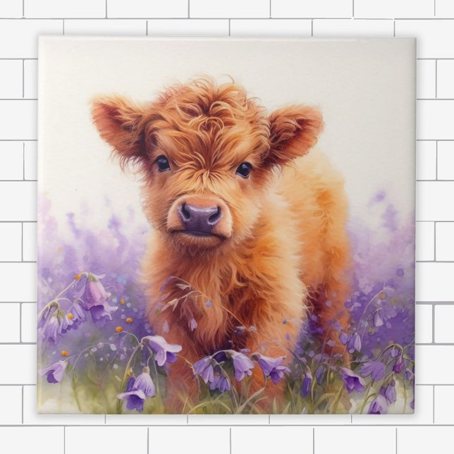 Scottish Highland Cow Calf Lila Wildblumen Fliese (Von Creator hochgeladen)