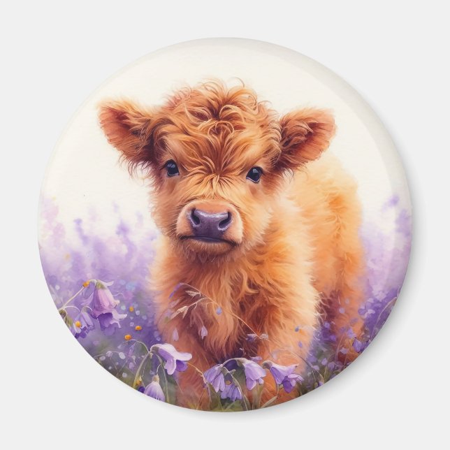 Scottish Highland Cow Calf Lila Wildblumen Magnet (Vorne)