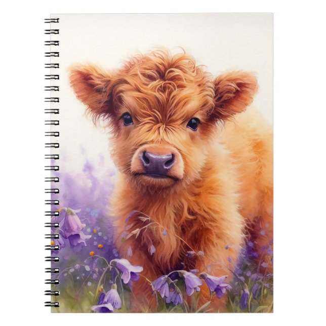 Scottish Highland Cow Calf Lila Wildblumen Notizblock (Vorderseite)