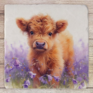Scottish Highland Cow Calf Lila Wildblumen Töpfeuntersetzer