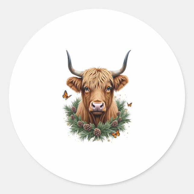 Scottish Highland Cow Cattle Hairy Cow Christmas W Runder Aufkleber (Vorderseite)