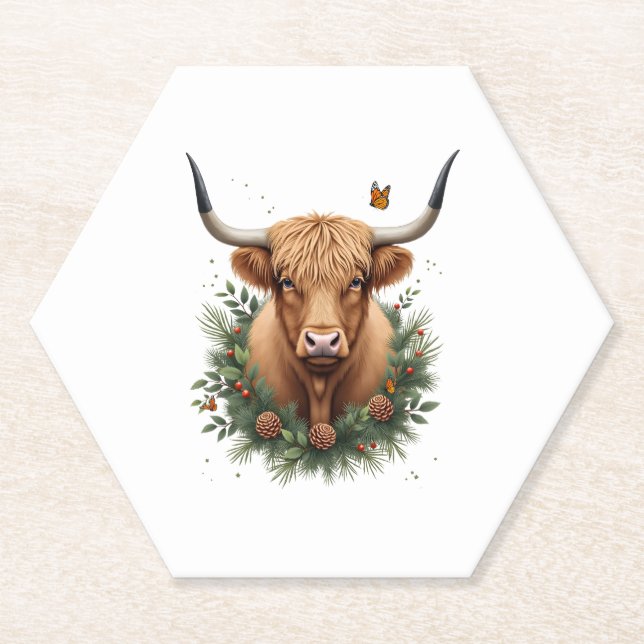 Scottish Highland Cow Cattle Hairy Cow Christmas W Untersetzer (Vorderseite)