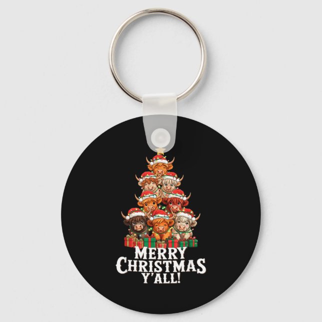Scottish Highland Cow Christmas Tree Funny Cow Lov Schlüsselanhänger (Vorderseite)