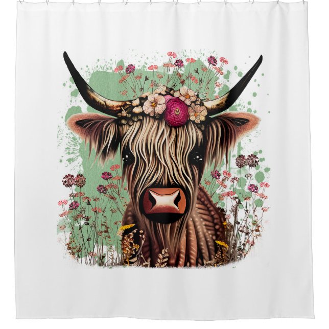 Scottish Highland Cow Floral Shower Vorhang (Vorderseite)