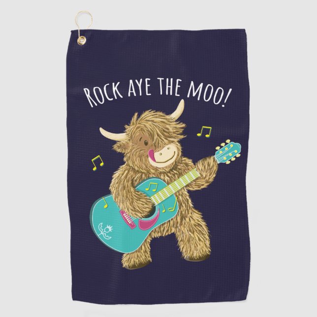 Scottish Highland Cow Gitarrist Rock Aye The Moo!  Golfhandtuch (Vorderseite)