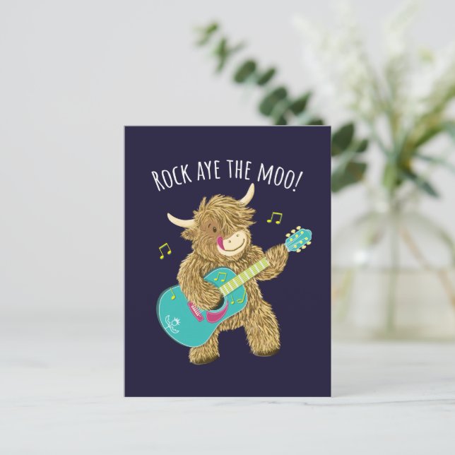 Scottish Highland Cow Gitarrist Rock Aye The Moo! Postkarte (Stehend Vorderseite)