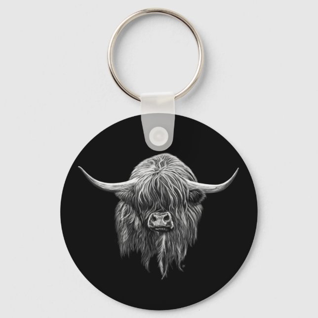 Scottish Highland Cow In Black And White Schlüsselanhänger (Vorderseite)