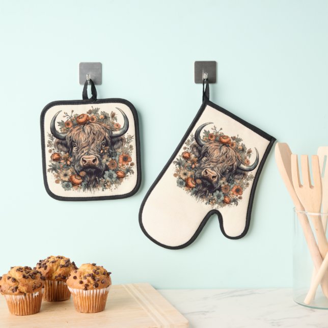 Scottish Highland Cow Ofenhandschuh & Topflappen-Set (Insitu (Hängend))