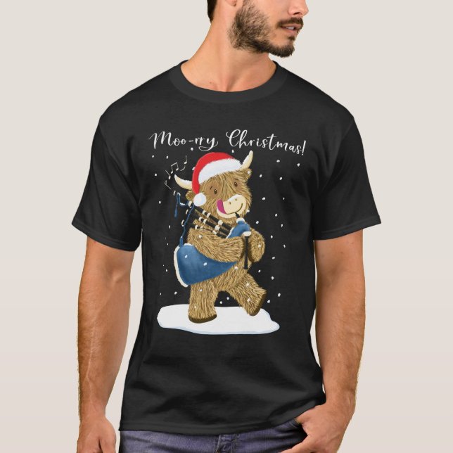 Scottish Highland Cow Plays Christmas Bagpipe T-Shirt (Vorderseite)