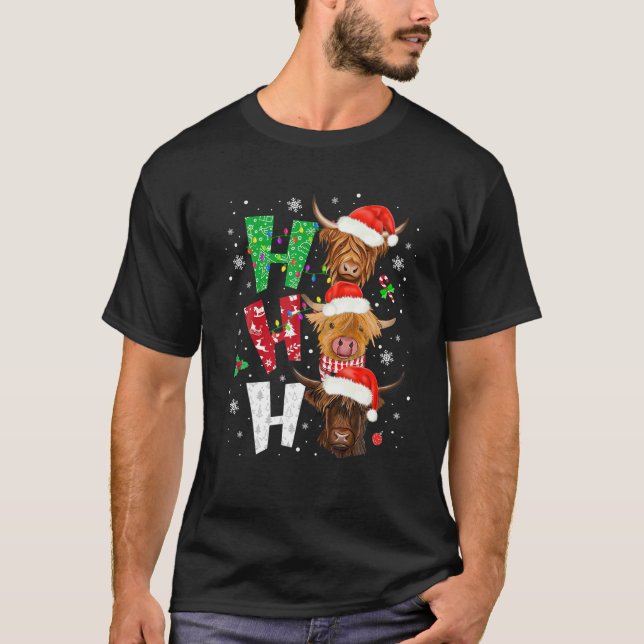 Scottish Highland Cow Print Ho Ho Ho Christmas Paj T-Shirt (Vorderseite)