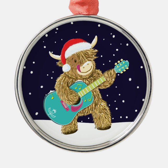 Scottish Highland Cows spielt eine Weihnachtsgitar Ornament Aus Metall (Vorne)