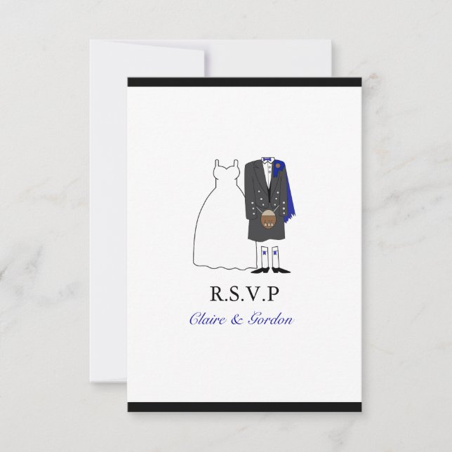 Scottish Kilt Bride & Groom Wedding RSVP - blau (Vorderseite)