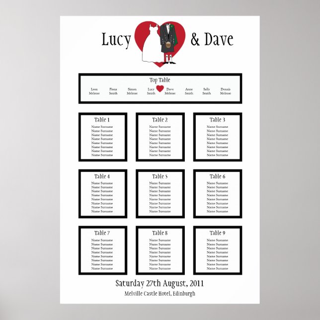 Scottish Kilt Wedding Table Seating Plan Poster (Vorne)
