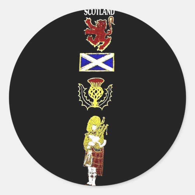 Scottish Lion, Thistle, Flag and Piper in Tartan Runder Aufkleber (Vorderseite)