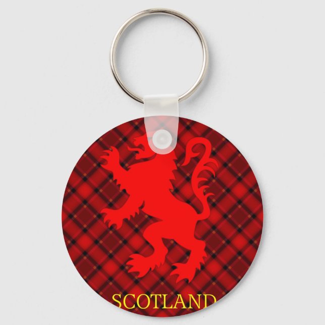 Scottish Red Lion Rampant auf Tartan Schlüsselanhänger (Vorderseite)
